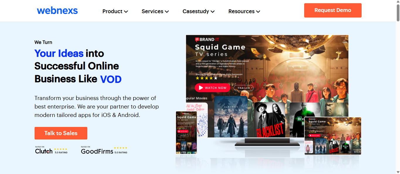 Webnexs OTT platform homepage for video streaming services
