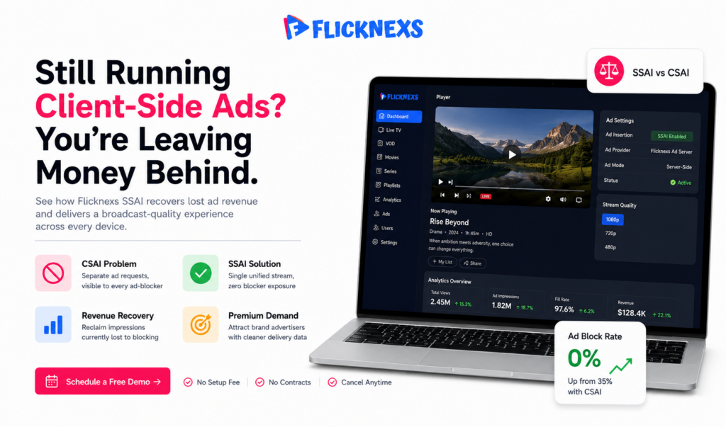 Flicknexs mid-article CTA banner comparing server-side ad insertion vs client-side ad insertion for OTT streaming platforms