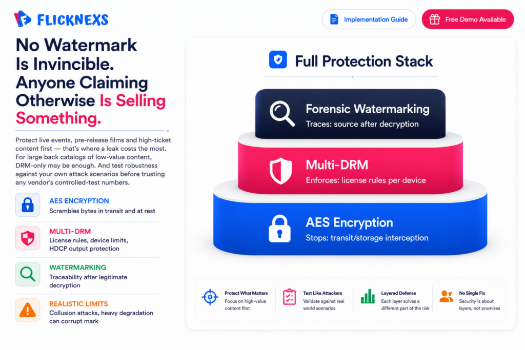 Forensic watermarking implementation banner showing a three-layer protection stack card with AES encryption at the base stopping transit interception, multi-DRM in the middle enforcing license rules and forensic watermarking at the top providing leak traceability after decryption