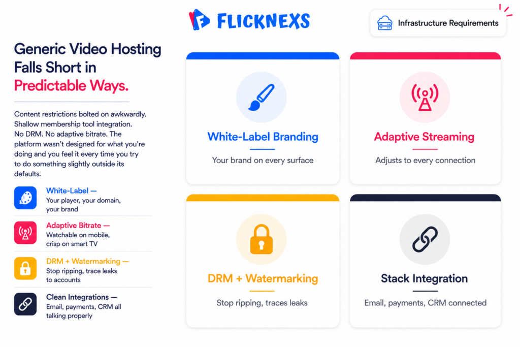 Video membership platform infrastructure banner showing a 2x2 grid of capability cards for white-label branding, adaptive bitrate streaming, DRM content security and payment gateway integration