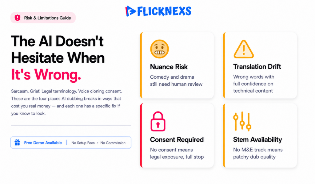 AI dubbing limitations and risks banner showing four amber warning chips highlighting emotional nuance gaps, translation drift, voice cloning consent requirements and audio stem availability