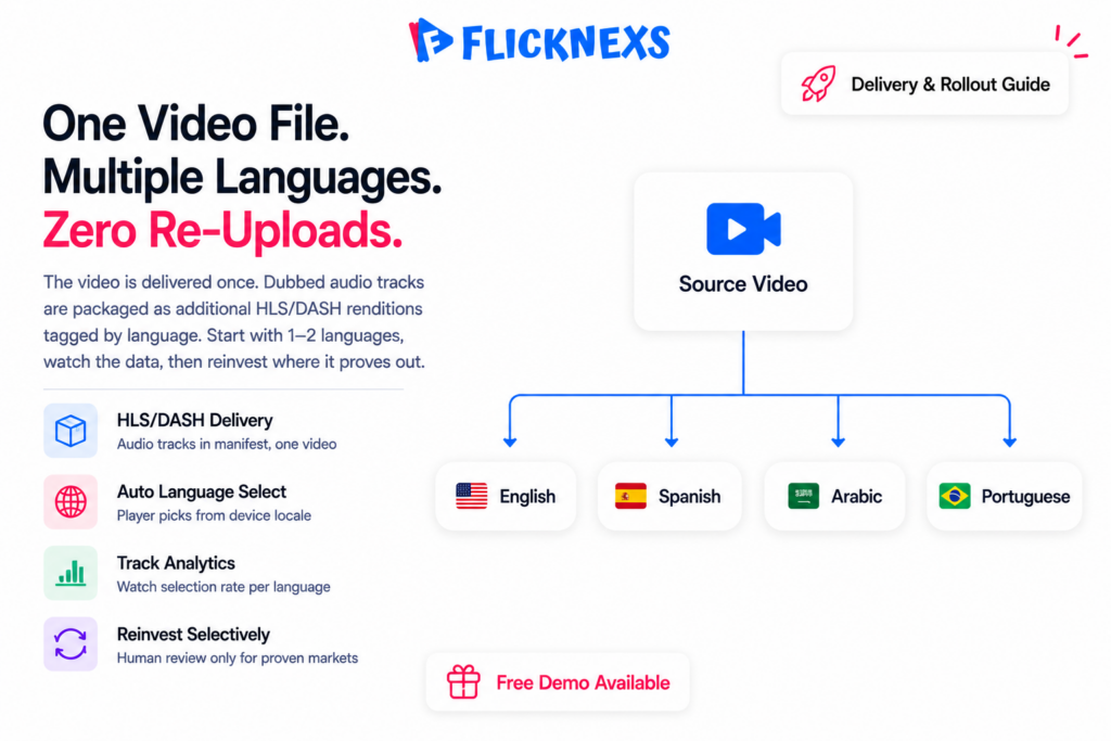 AI dubbing multilingual delivery banner showing a branching diagram from a single source video file into English, Spanish, Arabic and Portuguese audio tracks inside an HLS DASH manifest