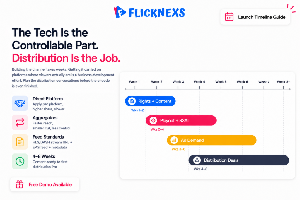 FAST channel launch timeline banner showing a Gantt-style horizontal timeline bar spanning weeks 1 through 8 with content rights, playout, SSAI testing, ad demand and platform distribution phases marked