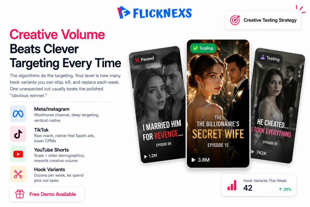 Micro-drama hook creative variants banner showing three vertical ad creative cards in a fan spread illustrating how short-drama teams test multiple hook openings per week to find winning UA creatives
