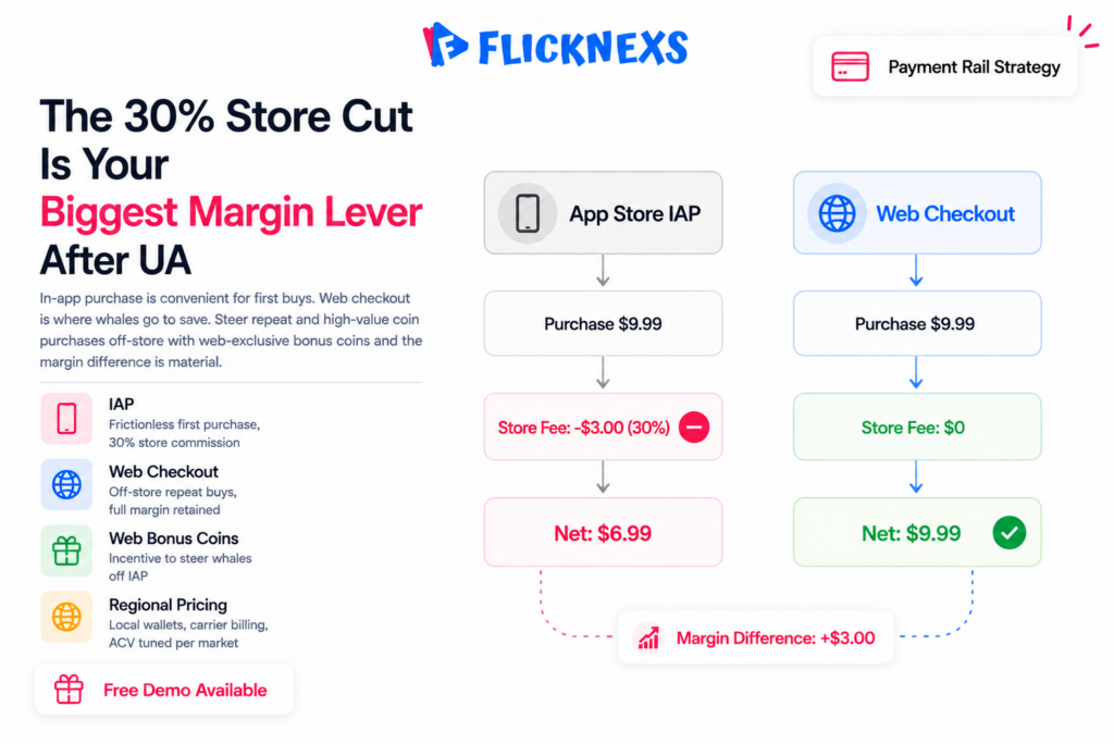 Micro-drama payment rails banner showing two parallel checkout paths — app store in-app purchase with 30% commission versus web checkout with full margin retention for coin and subscription purchases