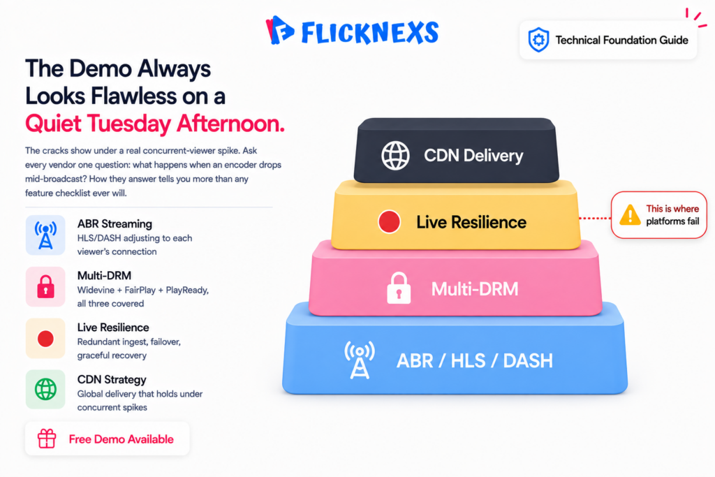 White-label OTT technical foundations banner showing a four-layer infrastructure diagram covering adaptive bitrate streaming, multi-DRM, live resilience and CDN delivery with a warning indicator for what fails under real concurrent viewer load
